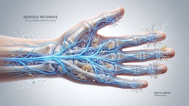 Close up of human hand showing glowing blue nervous pathways and crystalline sensory array with digital nerves labeled