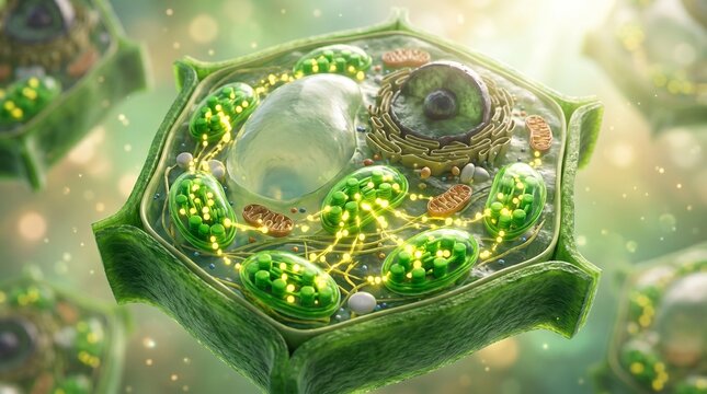 Detailed 3D illustration of a plant cell showing chloroplasts mitochondria nucleus vacuole and cell wall with glowing energy pathways