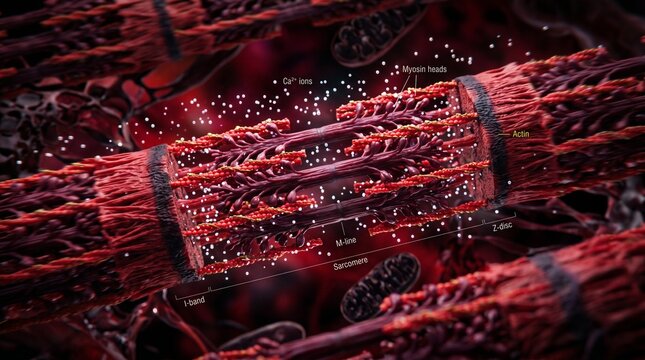 Detailed 3D illustration of a sarcomere the basic contractile unit of striated muscle showing actin filaments myosin heads and calcium ions