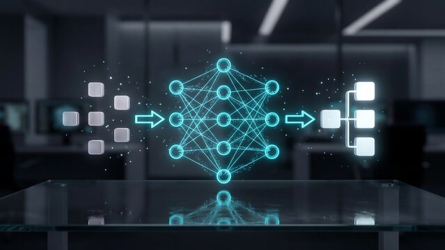 Neural Network Deep Learning Model Processing Input Data and Generating Classified Output on Holographic Display in Office Environment