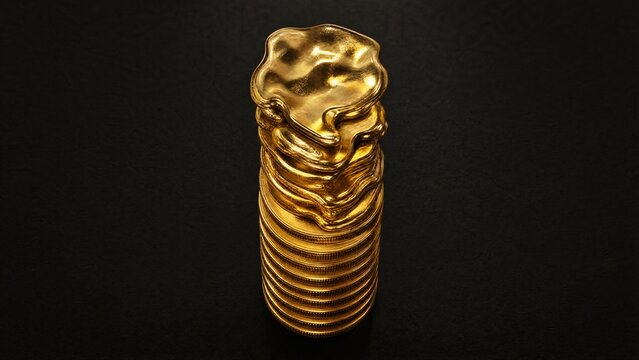 progressively. Top-down view of a neat stack of gold coins becoming progressively melted and distorted. pitch deck slides, case study pages, designed for brand storytelling and e-commerce strategy.