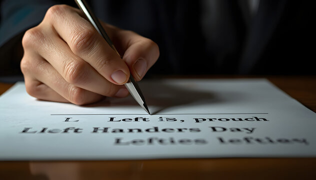 Close-up of a left hand writing on paper with a pen, celebrating Left Handers Day