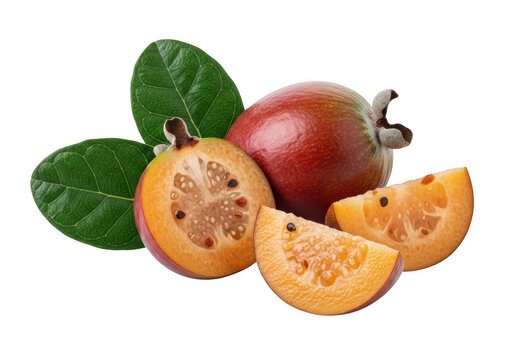 Feijoa fruit with sliced segments and green leaves on transparent background pineapple guava acc tropical