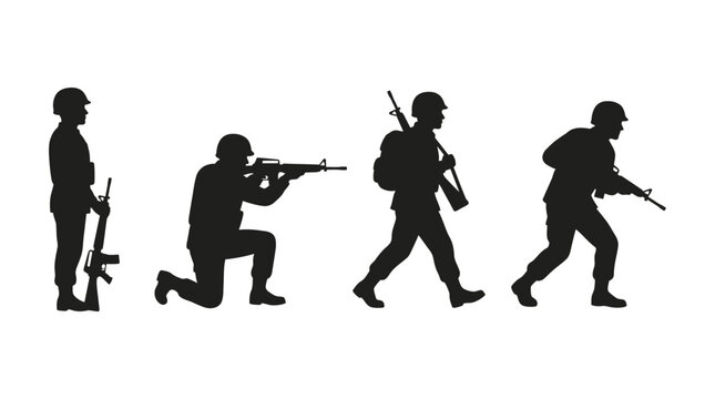 soldier silhouettes in various poses silhouette military