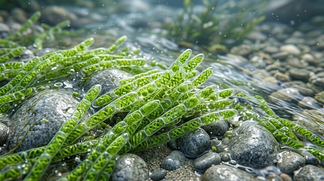Close up of Spirogyra algae filaments with spiral chloroplasts underwater on riverbed with pebbles and flowing water