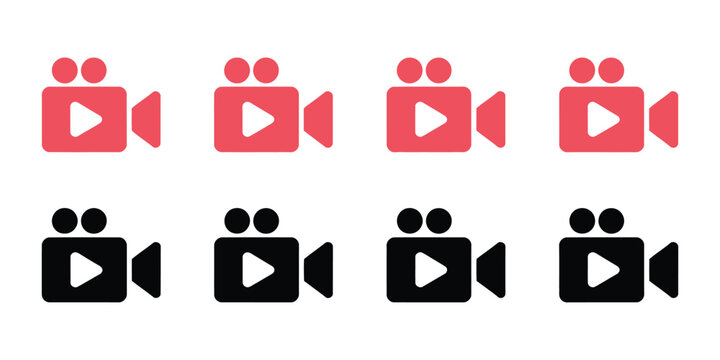 Set of video camera icons with play button symbol, modern multimedia collection representing video recording, content creation, media production, streaming services, digital broadcasting, and online 