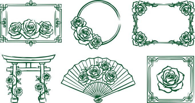Decorative floral frames with roses and japanese torii gate elements.