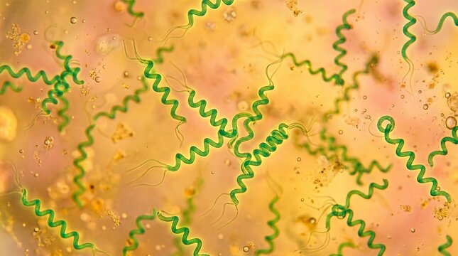 Microscopic view of vibrant green spirulina algae cells with delicate flagella, showcasing their helical structure in a warm yellow background