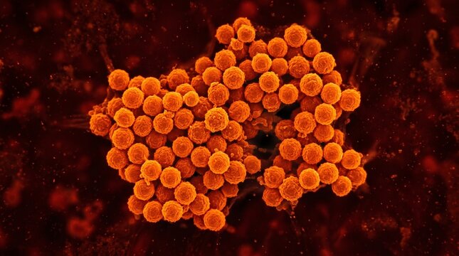Microscopic view of Staphylococcus aureus bacteria colonies in vibrant orange color against a dark background, showcasing their spherical shape and clustered arrangement