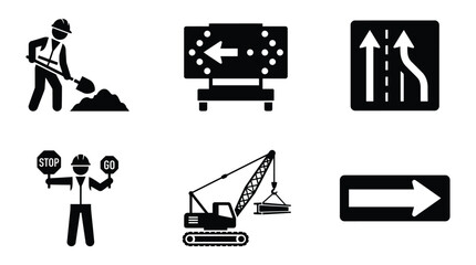 construction icons set silhouette worker shovel road © MdRakib