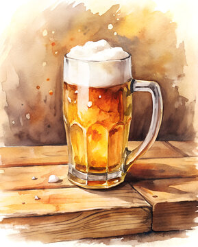 Watercolor illustration of a frosty beer mug on wooden table  