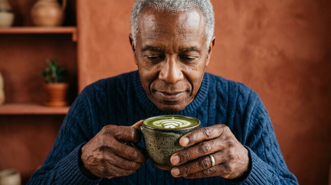 Elderly African American man enjoying a warm cup of matcha latte with latte art in a cozy home setting