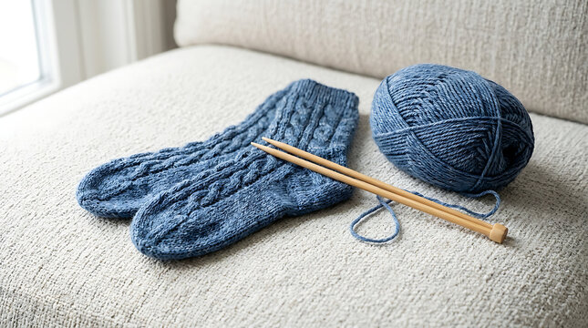Artisanal knitted blue wool socks resting with soft yarn ball on light textured linen fabric, showcasing winter warmth, domestic comfort, and traditional DIY creative needlework hobby.