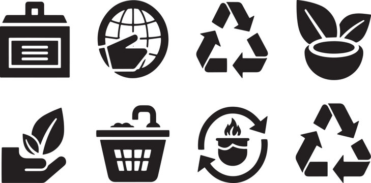 Environmental Sustainability and Eco-Friendly Glyph Icon Set - Global Climate Care, Recycling Symbols, Organic Product, and Nature Conservation Vector Icons