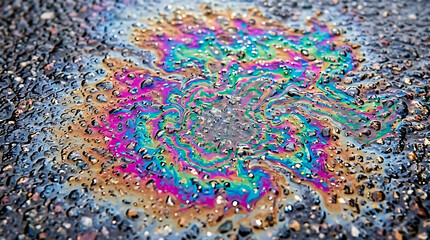 Fototapeta premium Vibrant iridescent oil spill on dark wet asphalt road creating glowing rainbow texture with shimmering light reflection and liquid petrol fuel sheen signifying environmental urban pollution