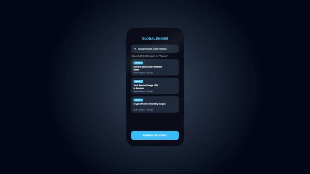 Global engine search results for market crash inflation news on dark mode mobile screen