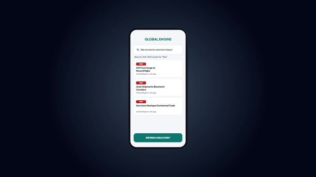 Mobile Application Global Search Engine Mockup Interface Displaying Economic News Results Grid Layout