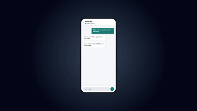 Billing desk billing support chat interface displaying premium plan auto renewal message mockup