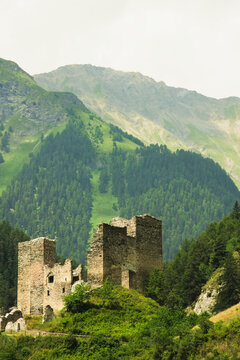 Tschan&uuml;ff Castle, a ruined castle in the Alpine village of Ramosch. Valsot, Canton of Graub&uuml;nden, Switzerland.