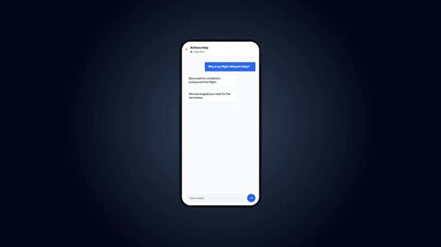 Airlines help assistant chatbot interface displaying delayed flight support message conversation