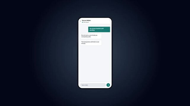 Secure wallet application chatbot interface showing pending bank transfer support conversation mockup