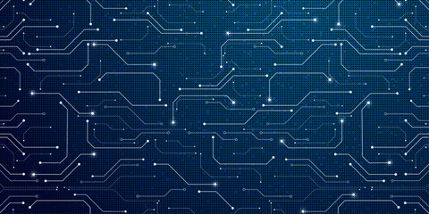 Abstract electronic circuit board pattern with glowing lights on dark blue textured background. © Nahin