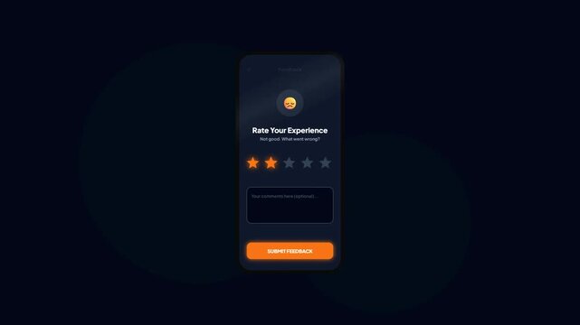 Mobile application feedback screen showing two stars rating selection with sad face emoji micro-interaction animation in dark mode UI UX concept