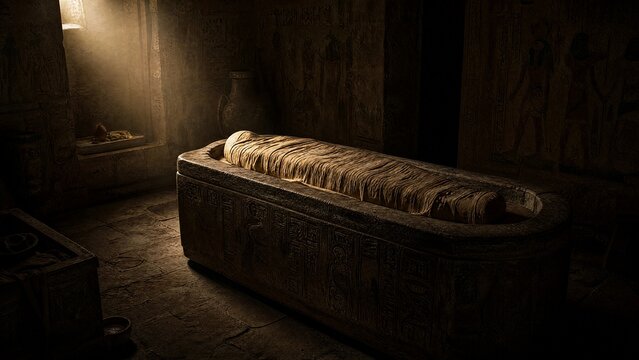sarcophagus. A stone sarcophagus wrapped in linen in a dim tomb, atmospheric single light. event programs, museum guides, designed for cultural heritage projects and event programs.