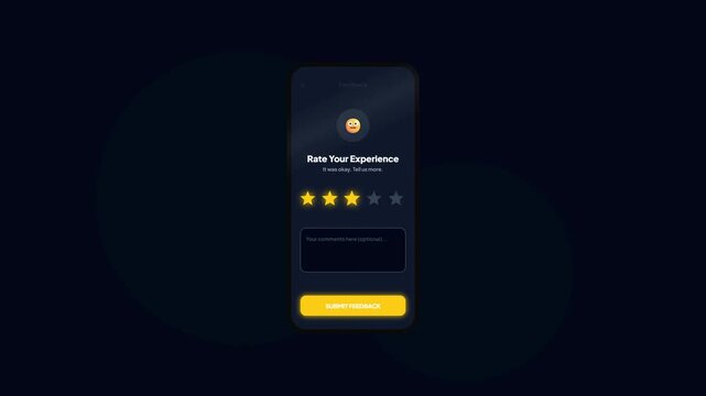 Mobile application feedback screen showing three stars rating selection with neutral face emoji micro-interaction animation in dark mode UI UX concept