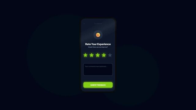 Four Star Rating Customer Experience Review Screen with Smiling Emoji Icon and Submit Button Dark Mode Mobile App Interface UI Design