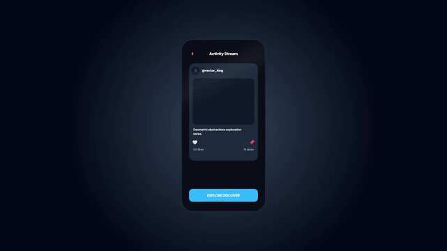 Mobile app activity stream with saving bookmark notification popup card animation in dark mode UI UX concept