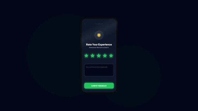 Five Star Rating Feedback Screen Animation with Yellow Sun Icon and Submit Button Mobile App Dark Mode UI Design Template
