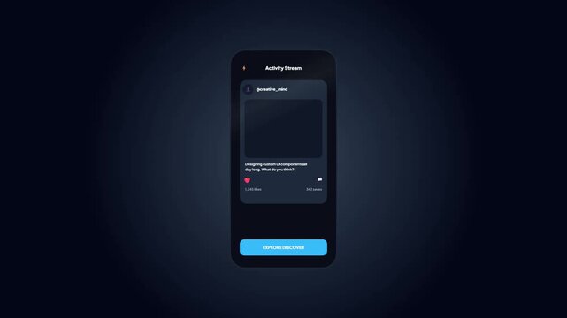 Mobile app interface showing micro-interaction animation of user liking a social feed card with dark mode design UI UX concept