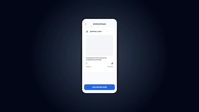 Mobile application social feed card with bookmark saving micro-interaction animation and toast popup message in blue light mode theme UI UX concept