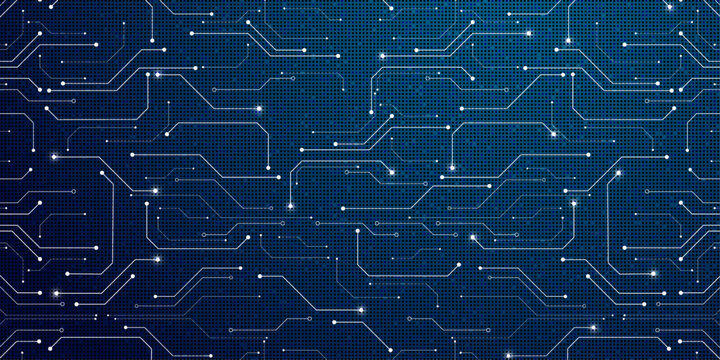 Abstract electronic circuit board pattern with glowing lights on dark blue textured background.