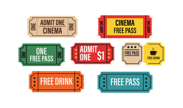 Colorful cinema ticket stubs with various promotional offers and free passes