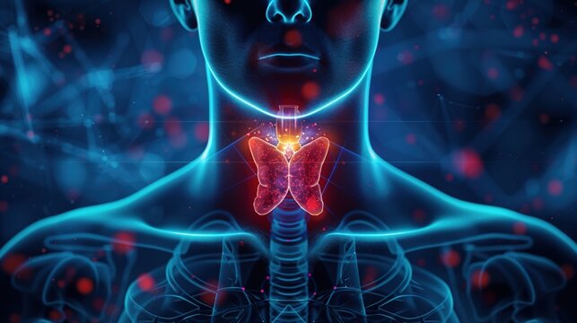 Detailed 3D Medical Illustration of Human Thyroid Gland Anatomy Displaying Common Thyroid Disease Pathological Changes Including Hyperthyroidism, Hypothyroidism, Thyroid Nodules and Goiter 