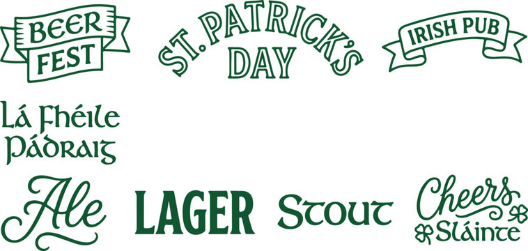 St. Patrick's Day themed lettering and pub signs with Irish greetings.