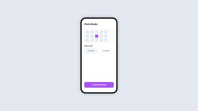 Photo studio mobile application user interface layout with calendar time slots picker grid selection and confirmation screen graphic design 3d render mockup