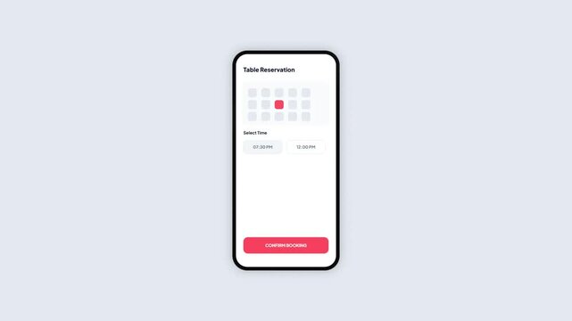 Restaurant table reservation mobile app layout template showcasing dinner for two booking options time picker selection grid and confirmation screen 3d render mockup