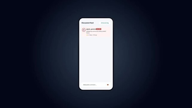 Discussion feed mobile app interface user interface element demonstrating automated AI security flag notification for blocked community safety violation alert design mockup