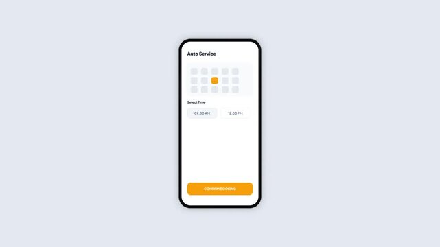 Auto Service Mobile App Screen Mockup with Yellow Theme for Vehicle Maintenance and Oil Change Appointment Booking Loop