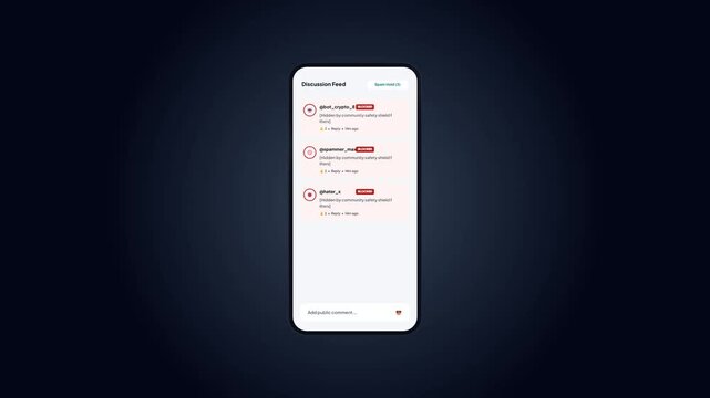 Discussion feed user interface layout demonstrating corporate spam moderation controls with hidden community safety shield alerts for blocked comments mobile app mockup