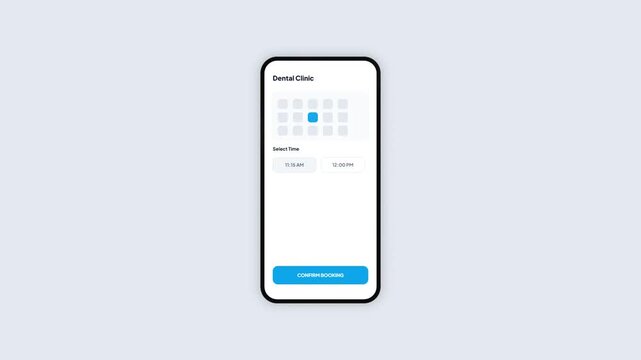 Dental clinic mobile reservation app dashboard interface showcasing routine cleaning appointment time picker layout and success confirmation screen design 3d render mockup