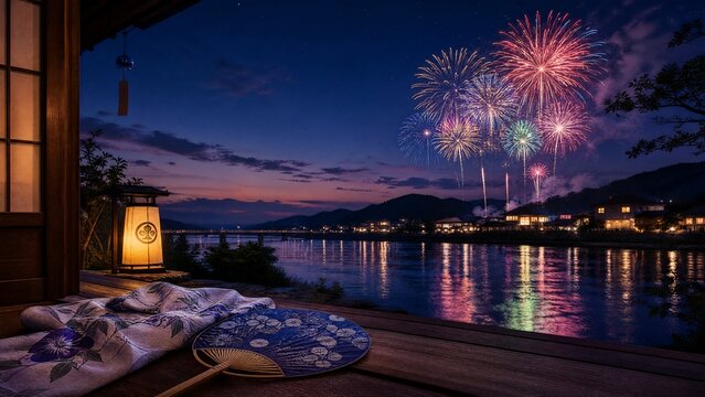 yukata. Folded fan and yukata sleeve on doorstep with fireworks over Sumida River, Tokyo summer celebration. event programs, museum guides, designed for cultural heritage projects and event programs.