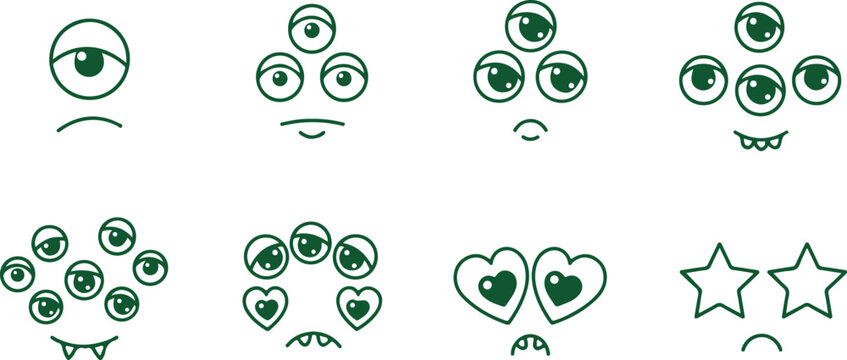 Funny monster faces with multiple eyes and expressions, emoji style icons.