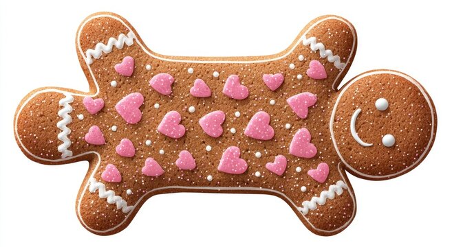 Gingerbread cookie shaped like a dog with pink hearts and white icing