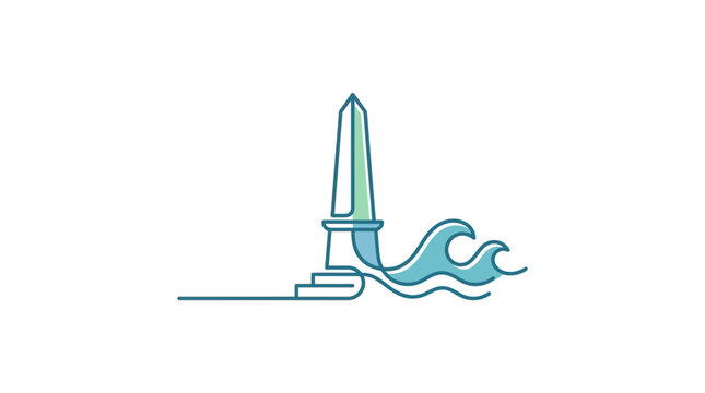 Minimalist line art illustration of an obelisk monument merging into ocean waves.