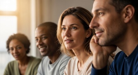 Fototapeta premium Group therapy session with attentive participants listening intently to a discussion. Group therapy involves sharing experiences and support among individuals seeking recovery from addiction.