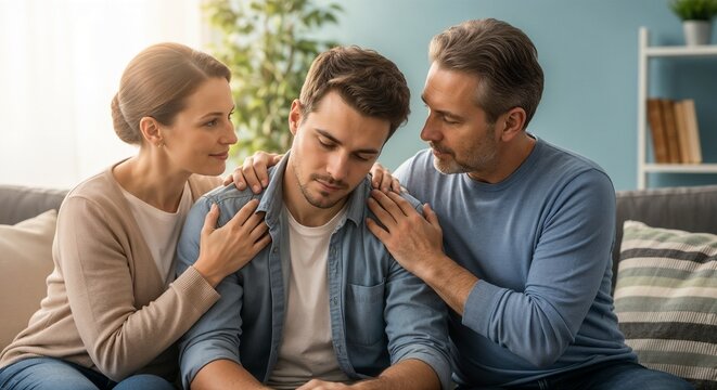 Family support for addiction shown in caring parents comforting their son during a difficult moment. Family dynamics illustrate emotional connection and strength in overcoming challenges together.